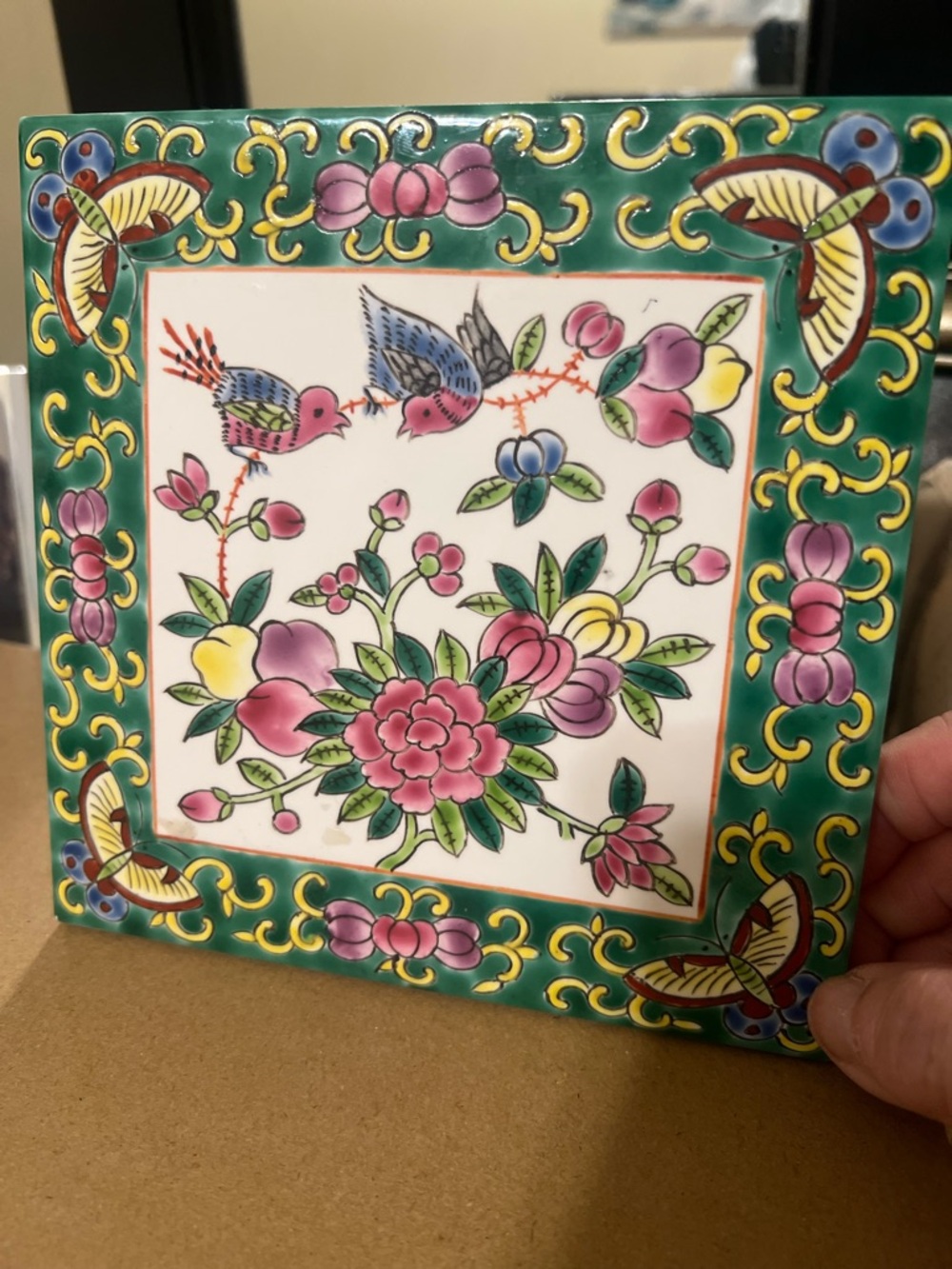Hand-Painted Floral Ceramic Tile Wall Art -Peranakan heritage from Singapore
